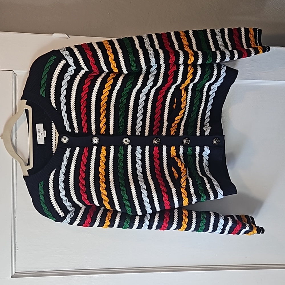 La Ligne sweater, navy with colorful stripes, button-up, size L, 100% cotton